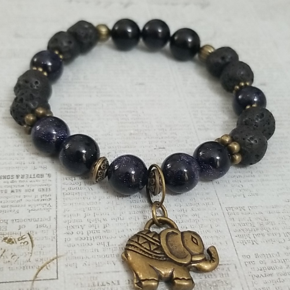 Blue goldstone, black lava stone, antique gold